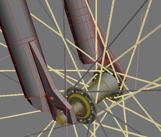 Środek koła to lathe, szprychy to czysty spline z ustawioną grubością, wyrównałem pivot szprychy do pivota ośki i powieliłem array 9 razy, w sumie 360st. później to samo tylko w przeciwną stronę do ruchu wskazówek zegara. te przeciwne szprychy muszą by...