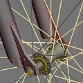 Środek koła to lathe, szprychy to czysty spline z ustawioną grubością, wyrównałem pivot szprychy do pivota ośki i powieliłem array 9 razy, w sumie 360st. później to samo tylko w przeciwną stronę do ruchu wskazówek zegara. te przeciwne szprychy muszą by...